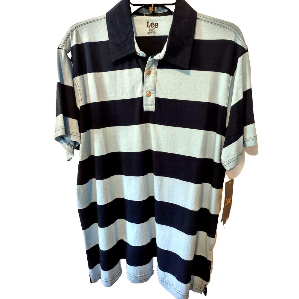Lee Polo Shirt Large Striped Light Blue Navy Norm Core Retro Casual Short Sleeve